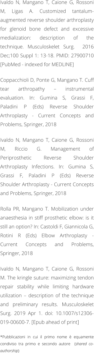 Ivaldo N, Mangano T, Caione G, Rossoni M, Ligas A. Customized tantalum-augmented reverse shoulder arthroplasty for glenoid bone defect and excessive medialization: description of the technique. Musculoskelet Surg.  2016 Dec;100 Suppl 1: 13-18. PMID: 27900710 [PubMed - indexed for MEDLINE]  Coppacchioli D, Ponte G, Mangano T. Cuff tear arthropathy  instrumental evaluation. In: Gumina S, Grassi F, Paladini P (Eds) Reverse Shoulder Arthroplasty - Current Concepts and Problems, Springer, 2018  Ivaldo N, Mangano T, Caione G, Rossoni M, Riccio G. Management of Periprosthetic Reverse Shoulder Arthroplasty Infections. In: Gumina S, Grassi F, Paladini P (Eds) Reverse Shoulder Arthroplasty - Current Concepts and Problems, Springer, 2018  Rolla PR, Mangano T. Mobilization under anaesthesia in stiff prosthetic elbow: is it still an option? In: Castoldi F, Giannicola G, Rotini R (Eds) Elbow Arthroplasty - Current Concepts and Problems, Springer, 2018  Ivaldo N, Mangano T, Caione G, Rossoni M. The kringle suture: maximizing tendon repair stability while limiting hardware utilization  description of the technique and preliminary results. Musculoskelet Surg. 2019 Apr 1. doi: 10.1007/s12306-019-00600-7. [Epub ahead of print]  *Pubblicazioni in cui il primo nome  equamente condiviso tra primo e secondo autore  (shared co-authorship)