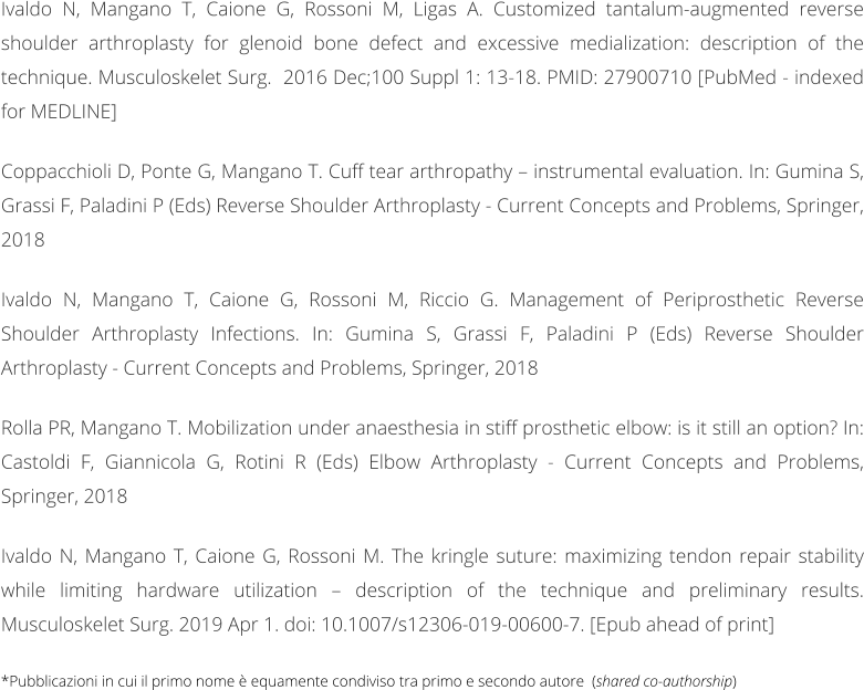 Ivaldo N, Mangano T, Caione G, Rossoni M, Ligas A. Customized tantalum-augmented reverse shoulder arthroplasty for glenoid bone defect and excessive medialization: description of the technique. Musculoskelet Surg.  2016 Dec;100 Suppl 1: 13-18. PMID: 27900710 [PubMed - indexed for MEDLINE]  Coppacchioli D, Ponte G, Mangano T. Cuff tear arthropathy  instrumental evaluation. In: Gumina S, Grassi F, Paladini P (Eds) Reverse Shoulder Arthroplasty - Current Concepts and Problems, Springer, 2018  Ivaldo N, Mangano T, Caione G, Rossoni M, Riccio G. Management of Periprosthetic Reverse Shoulder Arthroplasty Infections. In: Gumina S, Grassi F, Paladini P (Eds) Reverse Shoulder Arthroplasty - Current Concepts and Problems, Springer, 2018  Rolla PR, Mangano T. Mobilization under anaesthesia in stiff prosthetic elbow: is it still an option? In: Castoldi F, Giannicola G, Rotini R (Eds) Elbow Arthroplasty - Current Concepts and Problems, Springer, 2018  Ivaldo N, Mangano T, Caione G, Rossoni M. The kringle suture: maximizing tendon repair stability while limiting hardware utilization  description of the technique and preliminary results. Musculoskelet Surg. 2019 Apr 1. doi: 10.1007/s12306-019-00600-7. [Epub ahead of print]  *Pubblicazioni in cui il primo nome  equamente condiviso tra primo e secondo autore  (shared co-authorship)